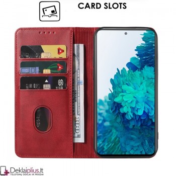 Dirbtinos odos raudonas dėklas - su skyreliais Samsung S20 Fe) Dirbtinos odos raudonas dėklas - su skyreliais Samsung S20 Fe)